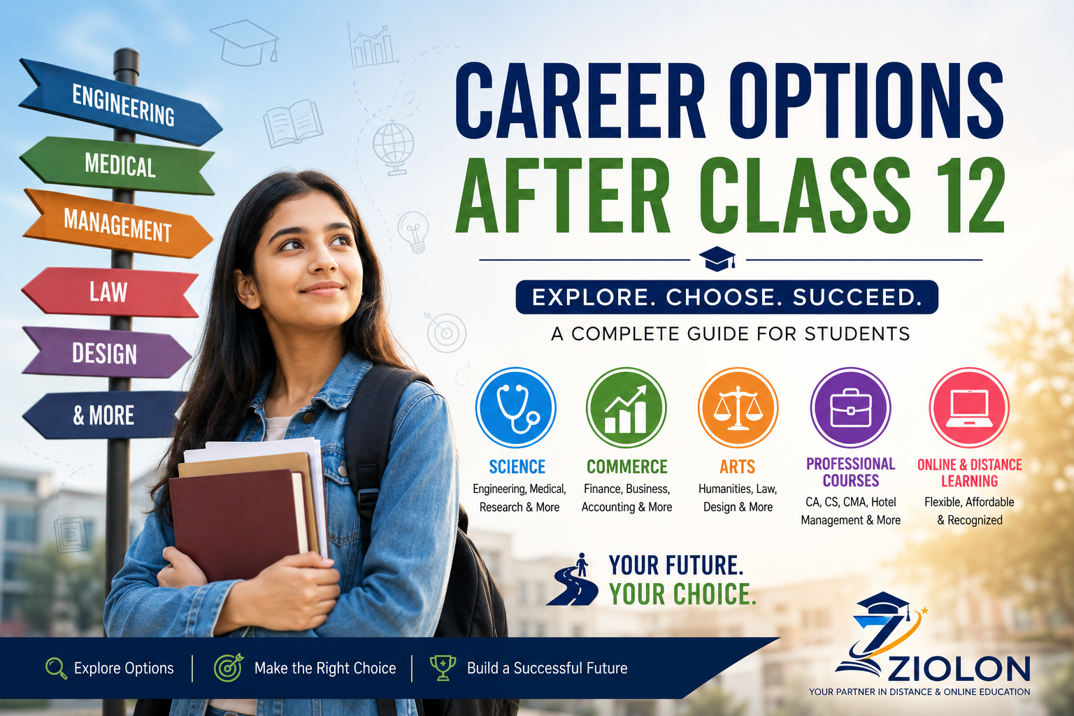 Student exploring career options after Class 12 including Science, Commerce, Arts, professional courses, and online degree programmes with career guidance from ZIOLON.